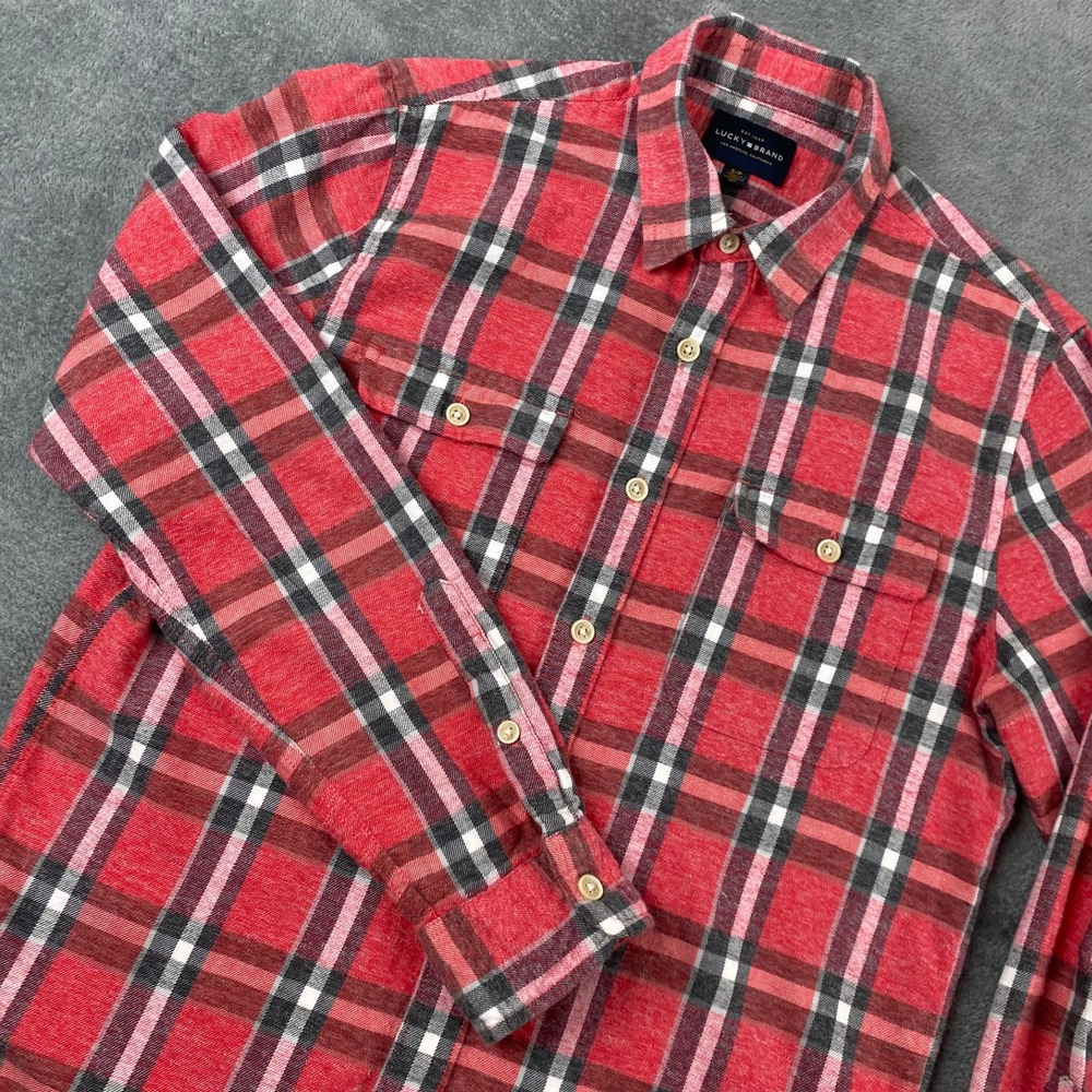 Lucky Brand Mens Small Button Down Red Black Plaid Flannel Shirt
